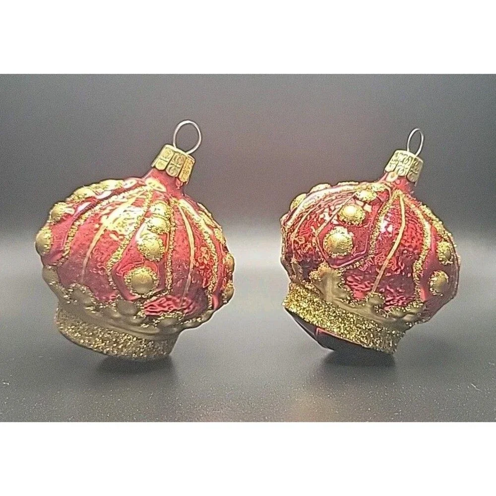 Vtg Czech Republic Blown Glass Crown Christmas Ornaments Red Gold Set of 2 EUC